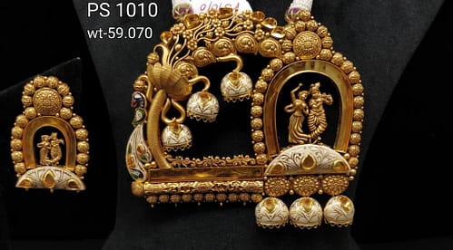 Latest Radha Krishna Design Gold Ghat Long Set With Beautiful Earrings