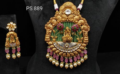 God Ganesha Art Design Gold Long Set With Earrings
