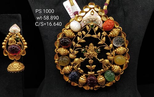 Leaf Style God Ganesha Design Stone Studded Pendant with Earrings