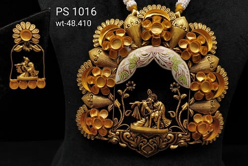 Unique Designed Beautiful Gold Pendant Set With Krishana And Radha Digen