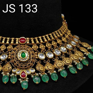 Antique Gold Stone Studded Kundan Necklace With Beautiful Earrings