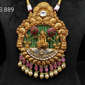 God Ganesha Art Design Gold Long Set With Earrings
